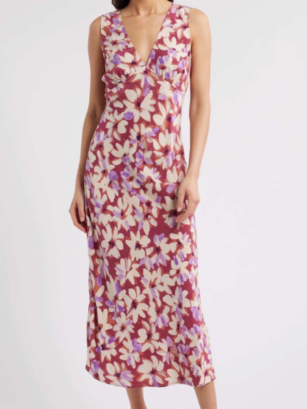 Rails Mauve Floral V-Back Midi Dress with Cream and Lavender Accents